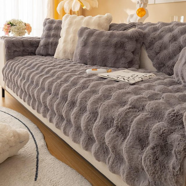 Einfarbiger Kaninchen Plüsch Sofa Schonbezug in Grau, rutschfest und pflegeleicht, B/H: 30 x 50 cm - Bild 1