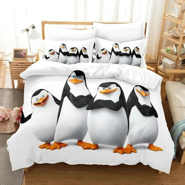 Bettwäsche-Set Madagaskar Pinguin 3D-Druck aus Mikrofaser für Kinder und Erwachsene, Bettbezug und Kissenbezug, Farbe: Weiß, B/H: 260 x 220 cm - Bild 1