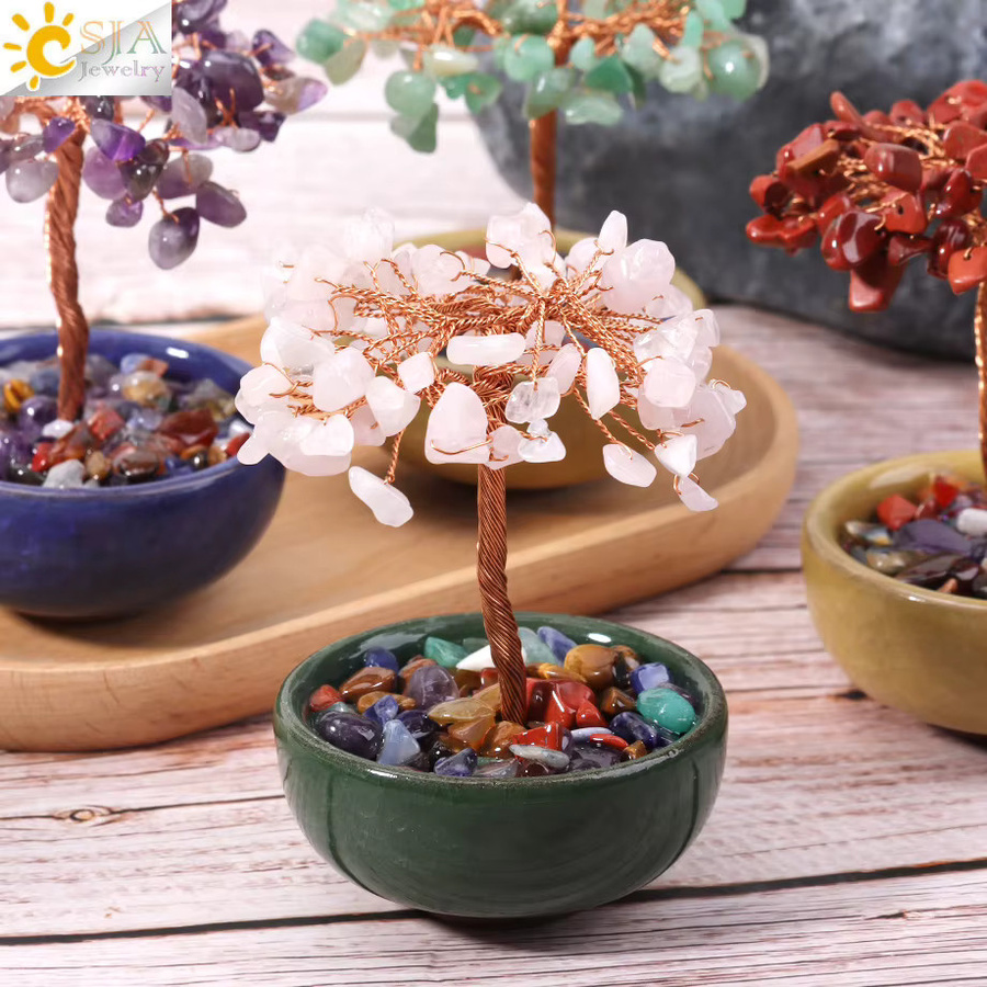 CSJA Jewelry Handgemachter natürlicher Kristallbaum mit Tasse aus Kupferdraht für Reiki und Feng Shui als Deko-Ornament - Bild 3