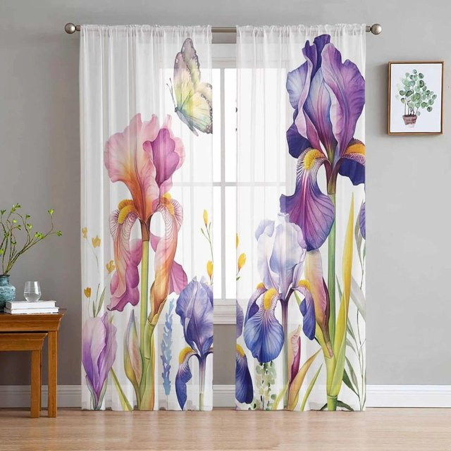 Transparente Organza-Vorhänge von A Family Of Home Textiles mit Iris-Blüten und Schmetterlings-Motiv, Farbe Multicolour, B/H: 135 x 137 cm - Bild 1