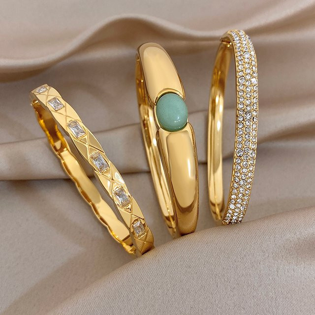 Armreif Edelstahl, Gold, Grüner Naturstein, Zirkonia, Damen, Vintage - Bild 1
