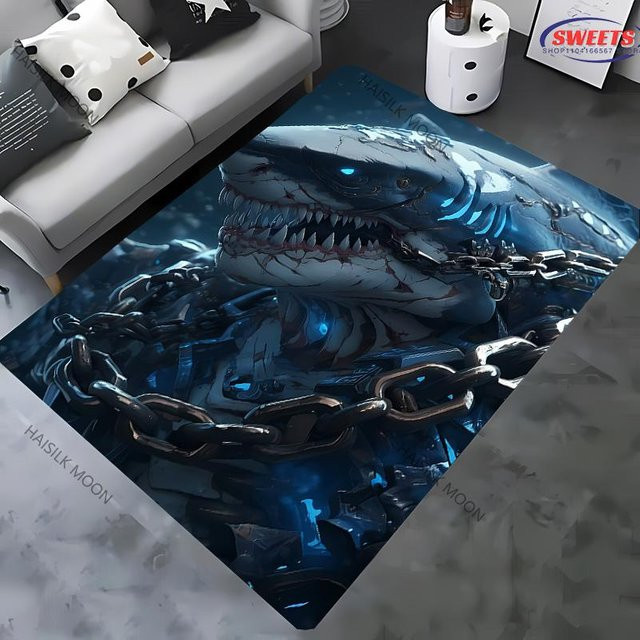 Miniso Teppich mit Hai-Motiv in Blau, rutschfeste Spielmatte für Kinderzimmer, Wohnzimmer oder Schlafzimmer, B/T: 60 x 40 cm - Bild 1