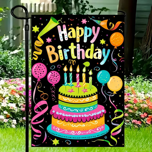 VIKAMA Happy Birthday Gartenflagge mit Cartoon-Kuchen-Aufdruck, Mehrfarbig, B: 30 cm, H: 45 cm - Bild 1