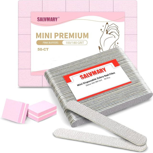 SALVMARY Nagelpflege Set, 50 Zebra-Nagelfeilen 100/180, 50 Mini-Nagelpufferblöcke, Rosa - Bild 1