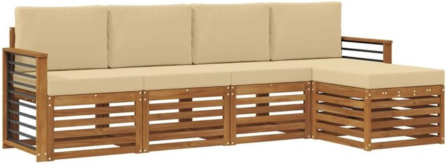 vidaXL Sofagarnitur 5-teilig aus Akazie Massivholz in Natur und Beige mit Sitz- und Rückenkissen im modernen Latten-Design - Bild 1