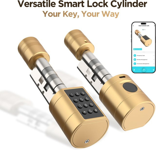 Viladepot Smart Lock Zylinder-Fingerabdruck-Türschloss in Gold mit App-Steuerung, Passcode und ID-Karte sowie TYPE-C-Schnittstelle für den Innenbereich - Bild 1