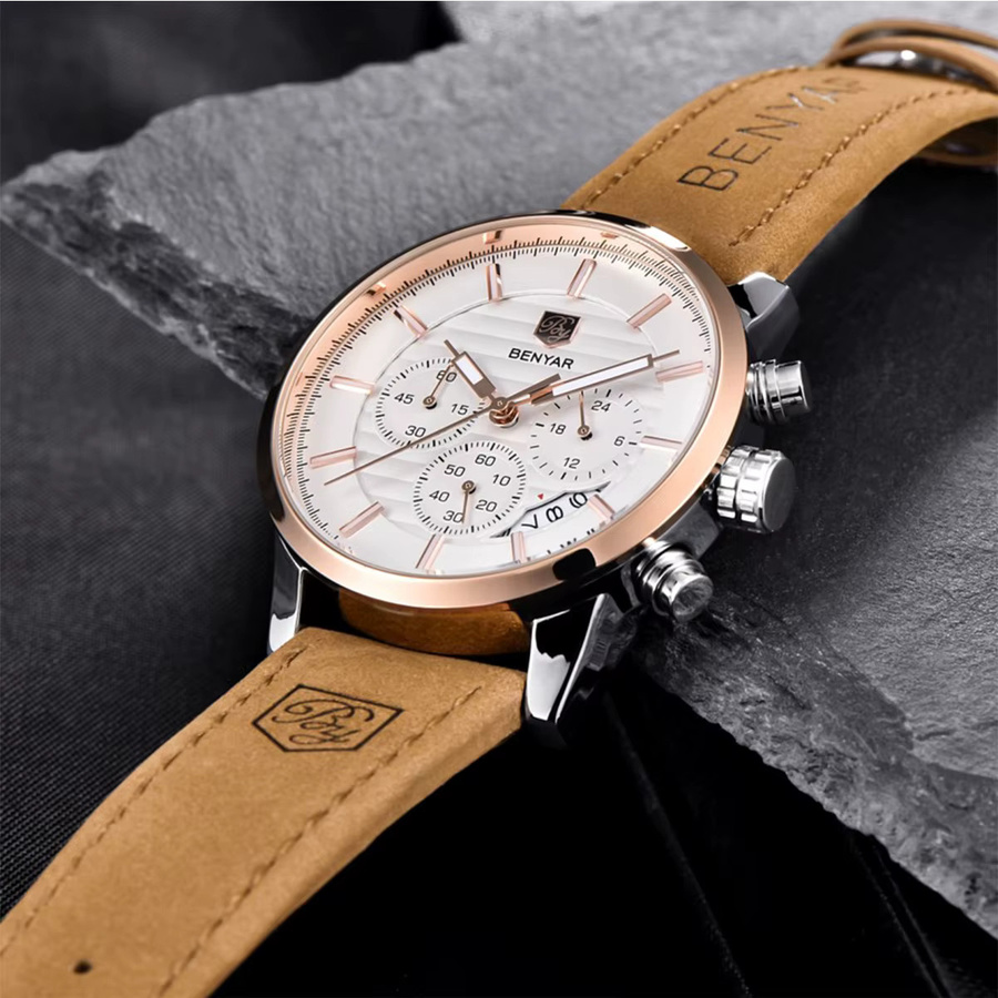 BENYAR Armbanduhr Quarz, Leder, Weiß, Roségold, Herren - Bild 5