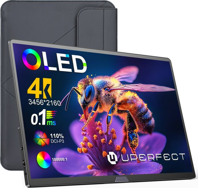UPERFECT 15,6 Zoll 4K OLED Reisemonitor in Schwarz mit UHD Auflösung, 110 % DCI-P3, 500 Nits und HDR, externer Bildschirm für Laptop, MacBook, Surface, Xbox und PS5 mit USB-C und HDMI Anschluss - Bild 1