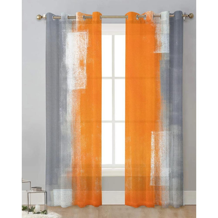 Yiran Furniture Transparente Voile-Vorhänge mit abstraktem Ölgemälde-Design in Orange und Grau, Breite: 135 cm, Höhe: 115 cm - Bild 1