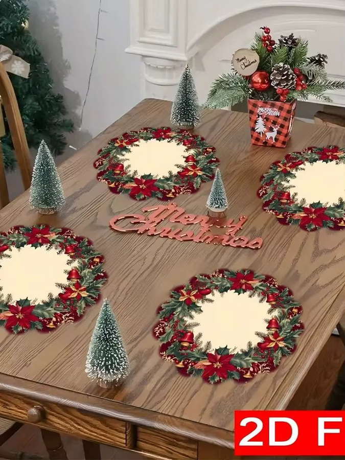 VIKAMA 8er Set Weihnachts-Tischsets mit Stechpalmenblättern, roten Beeren und Glocken in Rot und Grün - Bild 4
