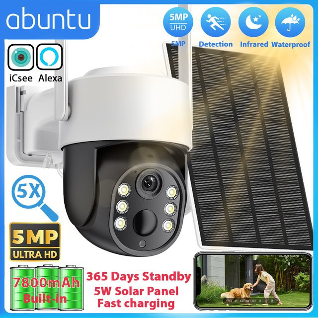 Abuntu 5MP Outdoor Solar Kamera mit Wifi, integrierter 7800 mAh Batterie, ICSEE App, PIR Personenerkennung und 365 Tage Standby, Farbe: Weiß - Bild 1
