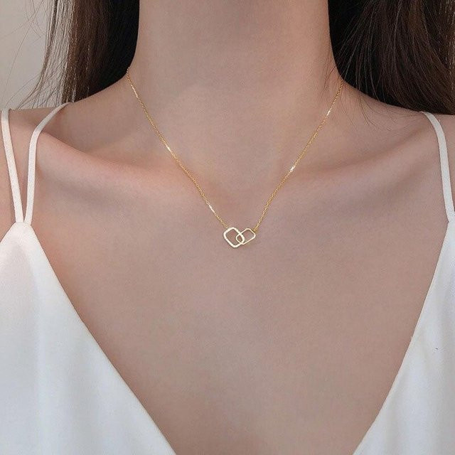 Halskette 925 Sterling Silber, Doppel Quadrat, Zirkon, Damen, Gold - Bild 1