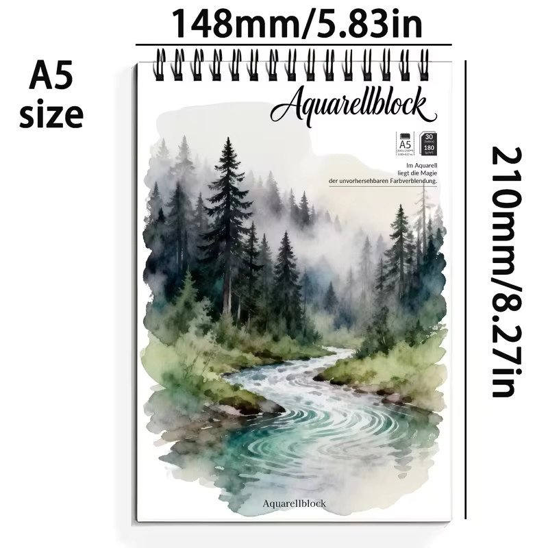 Spiralgebundener Aquarellblock für Anfänger mit Motiv Nebelwald, A5, 180g/m², säurefreies kaltgepresstes Aquarellpapier in Weiß - Bild 2
