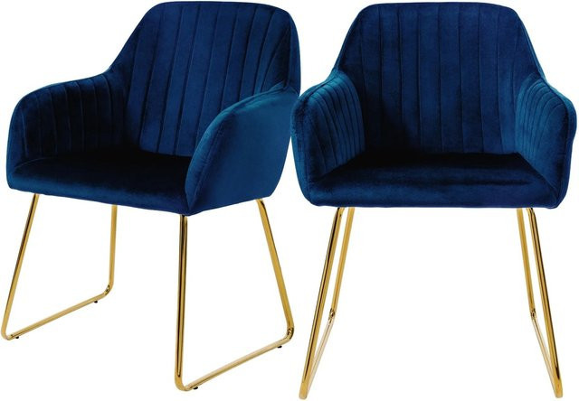 ML-Design Esszimmerstuhl 2er Set aus blauem Samt mit Armlehnen und goldenen Metallbeinen - Bild 2
