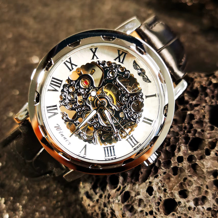 WINNER Armbanduhr, Mechanische Automatik, Leder, Herren, Weiß, Silber - Bild 3