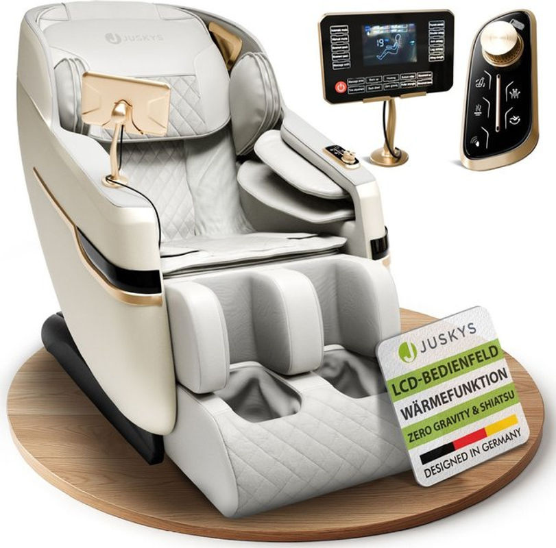 Juskys Massagesessel Naxos in Weiß/Hellgrau mit LCD-Bedienung, Bluetooth, USB und Heizung aus PU-Leder - Bild 4
