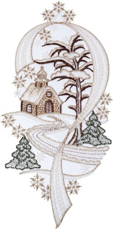 Plauener Stickerei Fensterbild mit Weihnachts- und Wintermotiven in Weiß und Gold