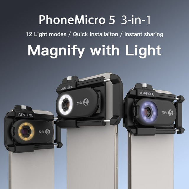 APEXEL Makro-Objektiv-Set für Smartphone mit LED-Licht, Mikroskop-Schmuckobjektiv für iPhone und Android, Schwarz - Bild 1