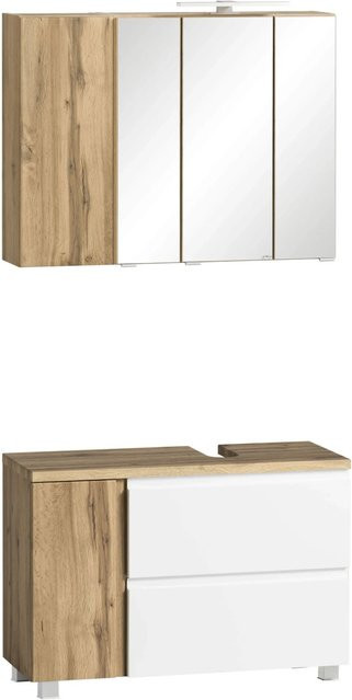 Held Möbel Ancona 2-tlg Badezimmer-Set mit Unterbecken-Schrank und Spiegelschrank, Mattweiß-Wotaneiche, Breite: 85 cm - Bild 1