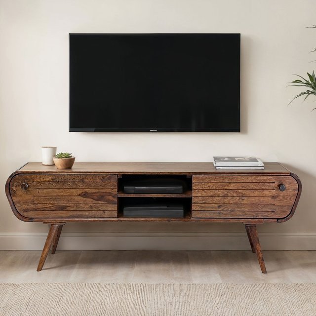 Lowboard FineBuy TV Board aus Sheesham Massivholz in Braun mit Schubladen und Fächern im Mid-Century Design, Breite: 160 cm - Bild 1