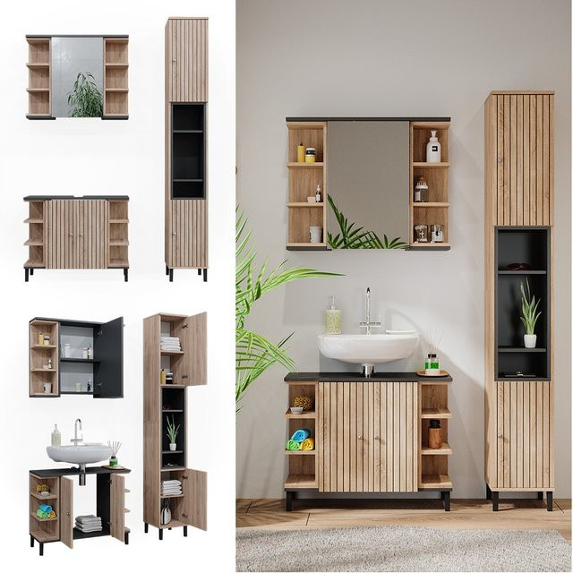 Vicco Badmöbel-Set Aquis in Sonoma und Anthrazit bestehend aus 3 Teilen mit Waschtischunterschrank, Spiegelschrank und Hochschrank - Bild 1