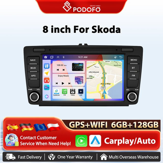 Podofo Android Autoradio für Skoda Octavia II mit 6 GB RAM und 128 GB Speicher, kabelloses CarPlay, Android Auto, WIFI, GPS, DSP und Bluetooth in Schwarz - Bild 1
