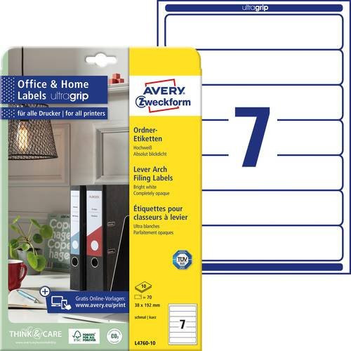 Avery Zweckform Ordner-Etiketten L4760-10 Weiß Permanent haftend 70 Stück B: 1,92 cm - Bild 1