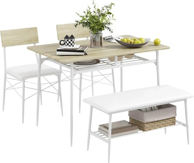 HOMCOM Essgruppe aus Eiche und Stahl mit Tisch, Bank und 2 Stühlen in Braun und Weiß, B/T/H: 110 x 70 x 75 cm - Bild 1