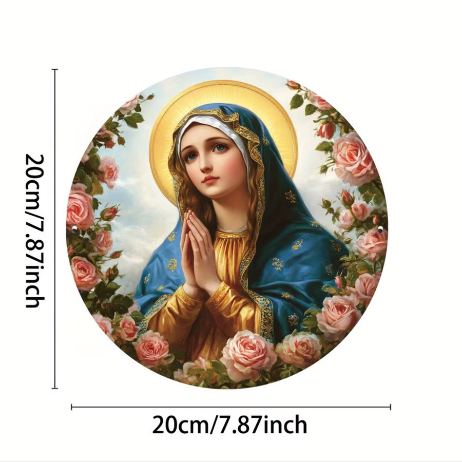 HELLOYOUNG Vintage-Metallschild Jungfrau Maria in Gold und Multicolour, Rundes Wandbild mit Blumenmotiv, Durchmesser: 20 cm - Bild 3