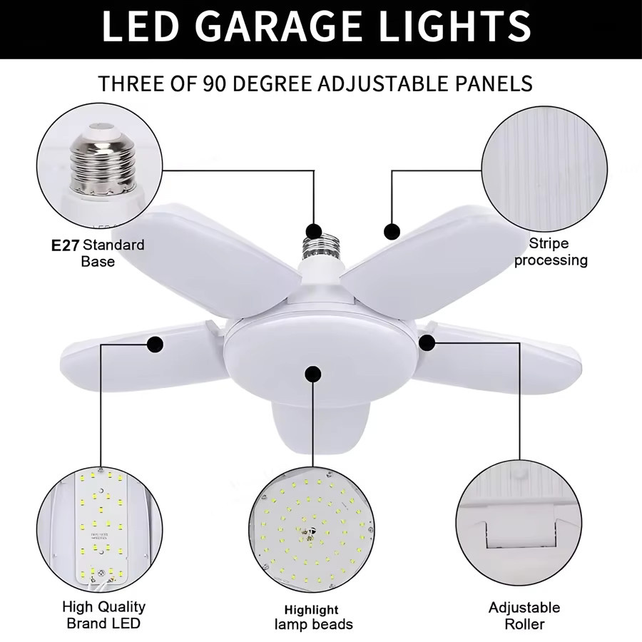 KDULIT E27 LED-Garagenlampe 28 W in Weiß, verstellbare und faltbare Deckenlampe mit 360 Grad Rundumbeleuchtung für Wohnzimmer, Küche und Arbeitsbereich - Bild 2