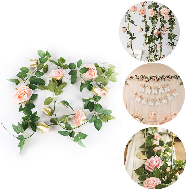 Rosa künstliche Blumengirlande mit Rosen und Blättern für Hochzeiten und Partys, Länge: 2 m oder 4 m - Bild 3