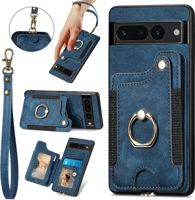 Google Pixel 8 Pro 7 Pro 8A 7A 6A Flip Leder Brieftasche mit Kartenhalter und Handschlaufe, Stoßfeste Handyhülle mit Kickstand, Blau - Bild 1
