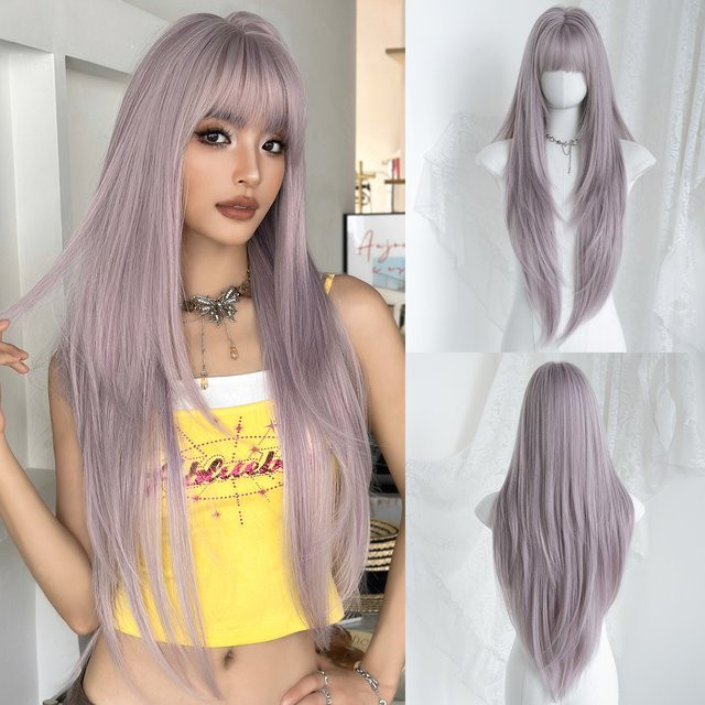 NAMM Perücke für Damen, mittellang, aschviolett, gerade, Pony, Kunstfaser - Bild 1