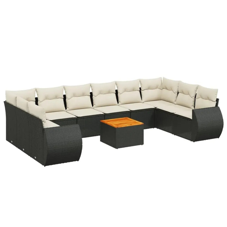 vidaXL 11-teilige Garten-Sofagarnitur aus Poly-Rattan und Akazienholz in Schwarz-Creme mit Kissen - Bild 2