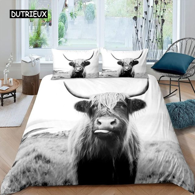 Bettwäsche Set Highland Cow mit Sonnenblumen, 3-teiliges Mikrofaser Bettwäsche Set Schwarz und Weiß, B/H: 150 x 200 cm - Bild 1