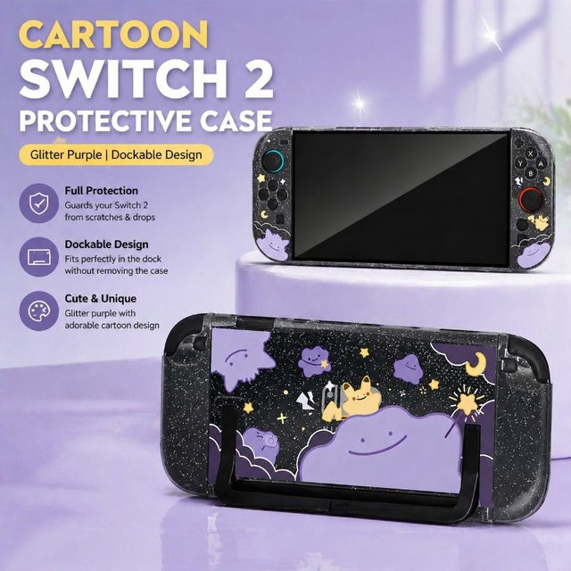 Cartoon Schutzhülle für Nintendo Switch mit Glitzer-Effekt in Lila und Weiß, inklusive Joy-Con-Hüllen und Dock-Abdeckung - Bild 1