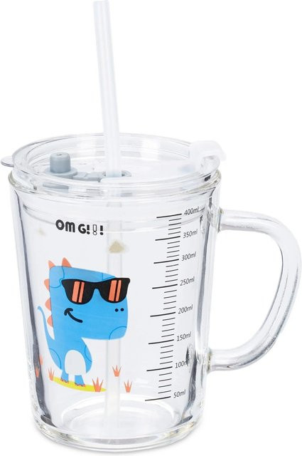 Relaxdays 2er Set Kindergläser mit Dinomotiv, blau und transparent, inklusive Deckel und Strohhalm, 400 ml - Bild 1