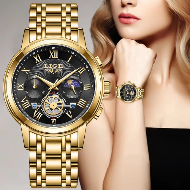 LIGE Armbanduhr Chronograph, Quarz, Edelstahl, Gold, Bicolor, Damen - Bild 1