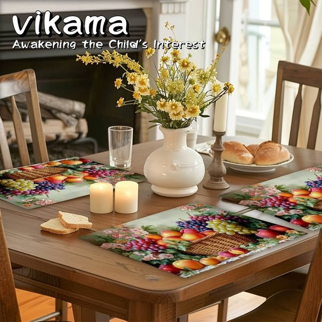 VIKAMA 4-teiliges Tischset mit Retro-Obstkorbmuster und floralem Design, rutschfest, mehrfarbig, rechteckig, B/T: 40,0 x 30,0 cm - Bild 1