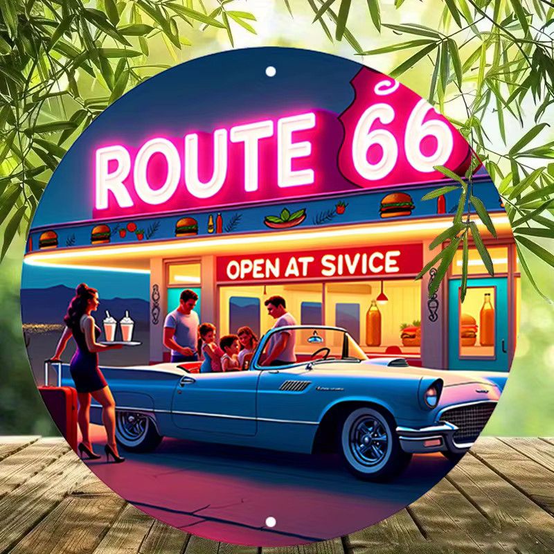 Route 66 Vintage Neonschild von Potdemiel – Runde Wandkunst aus Aluminium mit klassischer Auto- und Dinner-Szene im Retro-Design - Bild 6