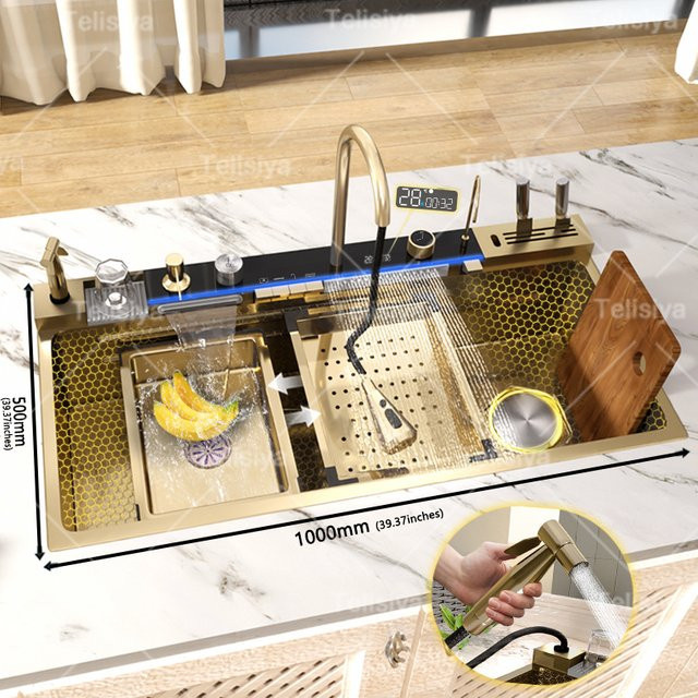 TELISIYA Goldene Küchenspüle aus Edelstahl mit Wasserfall-Auslass, Einzelschlitz, Klavierknopf und Digitalanzeige - Bild 1