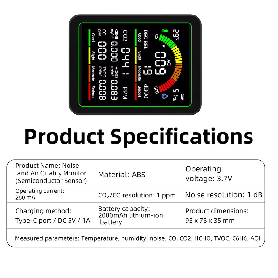 Gaqqee 9-in-1 Luftqualitätsmonitor für Innenräume mit CO2-, Formaldehyd-, TVOC-, Temperatur-, Feuchtigkeits- und Geräuschmessung sowie Farbalarmsystem in Weiß oder Schwarz - Bild 4