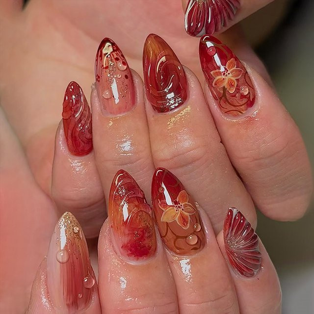 YADORNOS Press-On-Nägel, rot, Blumen mit Glitzer, glänzend, 30 Stück - Bild 1