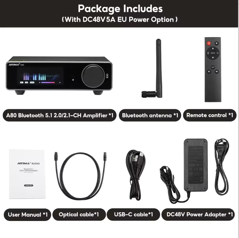 AIYIMA A80 Upgrade Stereo-Leistungsverstärker mit TPA3255 DAC Bluetooth PFFB Klasse D 2.0 HiRes Digital-Verstärker Schwarz - Bild 6