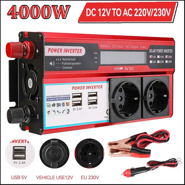 OWJHE Wechselrichter 4000W DC 12V zu AC 220V 230V Transformator mit 4 USB-EU-Steckdosen und LED-Anzeige - Bild 1