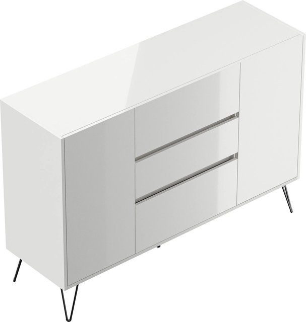 Posseik Sideboard Industrial mit 3 Schubladen und 2 Türen in Weiß Hochglanz, Breite: 139 cm - Bild 1