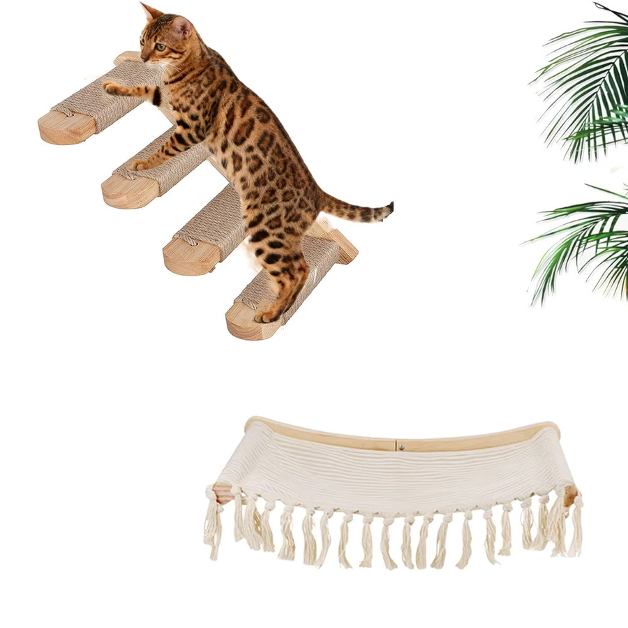 CWV Katzen-Wandregal in Beige mit Sisalleiter und Fransen-Hängematte im Boho-Design - Bild 1