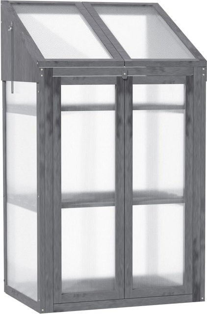 Outsunny Mini Gewächshaus aus Tannenholz mit Polycarbonat-Abdeckung und drei herausnehmbaren Regalen, Grau, B/T/H: 70 x 50 x 120 cm - Bild 1