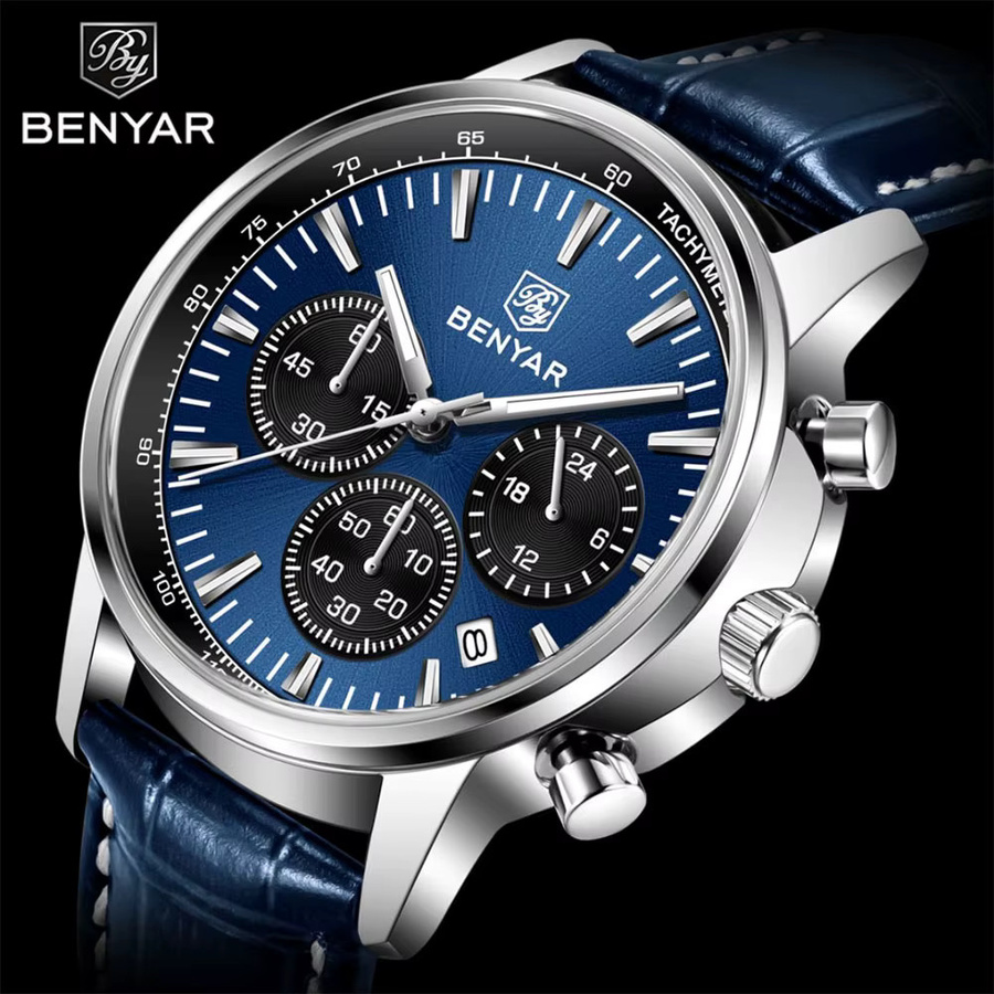 BENYAR Armbanduhr Quarz, Leder, Blau, 46 mm, Herren - Bild 2