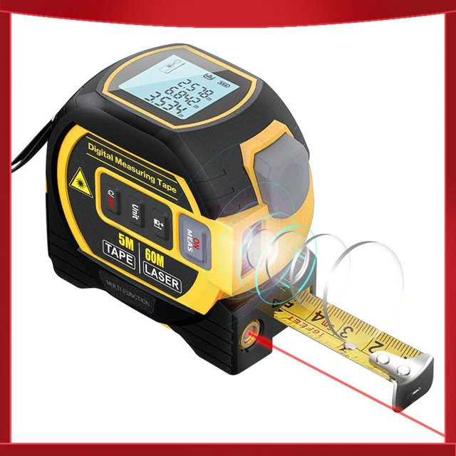 KKMOON 3-in-1 Laser-Entfernungsmesser mit LCD-Display und Hintergrundbeleuchtung, Distanzmesser für Flächen- und Volumenberechnung, Orange-Gelb - Bild 1